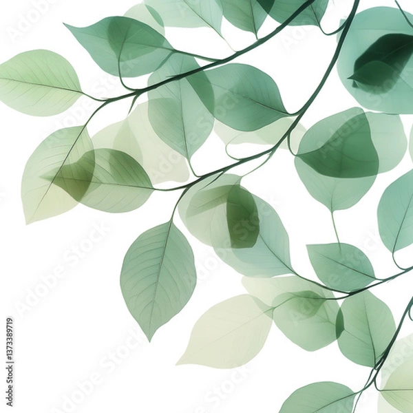 Fototapeta Whispers of Green: A delicate study of translucent leaves in varying shades of green, captured against a soft, light background, evoking feelings of tranquility and the serenity of nature.
