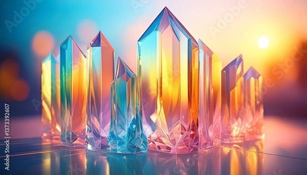 Obraz 夕焼けに輝くクリスタル、光を受けた結晶、幻想的なガラスの塔、カラフルな鉱石の風景、透明なクリスタルオブジェ、夕陽とファンタジーアート、黄金色の背景と結晶、魔法の世界のオブジェ、色彩豊かな透明結晶、デジタルアートの宝石
