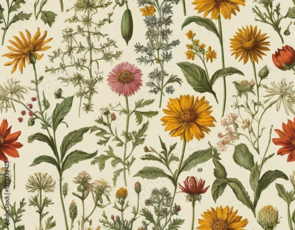 Fototapeta A vintage botanical illustration pattern, featuring a variety of wildflowers with scientific accuracy.	