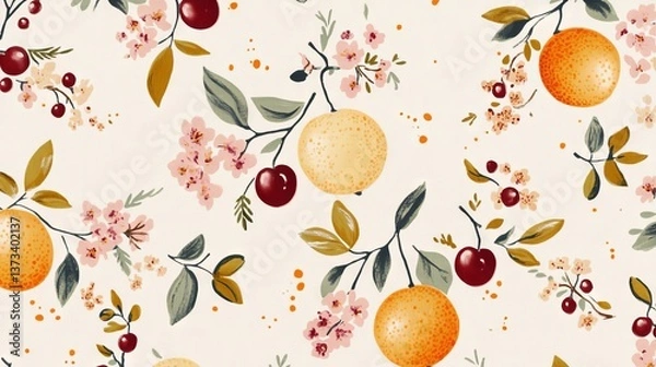 Fototapeta 54.A whimsical fruit pattern combining bold colors and soft outlines, featuring oranges, cherries, and peaches alongside tiny blossoms and dots, balanced on a pale pink canvas.