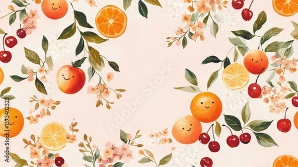 Fototapeta 50.A seamless pattern featuring vibrant oranges, peaches, and cherries with tiny smiling faces, mixed with delicate hand-drawn flowers and leaves, set on a soft pink background.