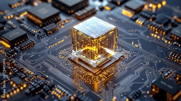 Fototapeta Glowing Tech Cube on Circuit Board - Artificial Intelligence (AI)