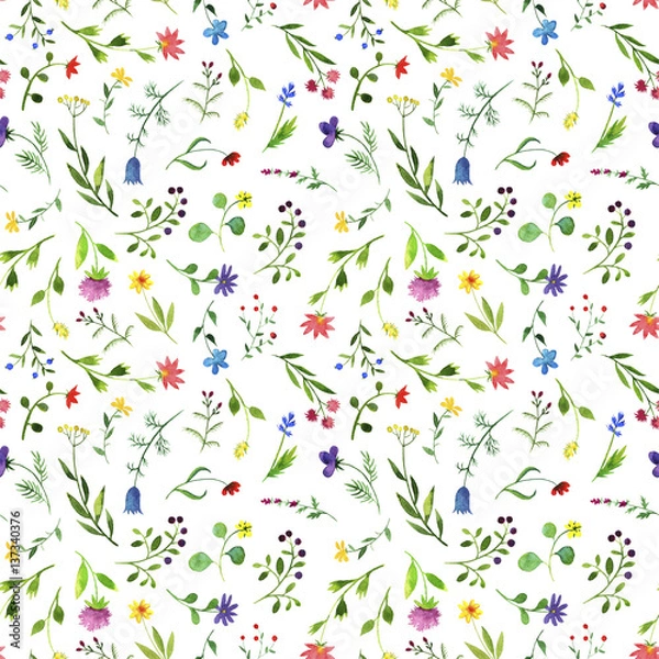 Fototapeta seamless pattern with watercolor doodle plants and flowers