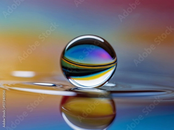 Fototapeta close up of a single water drop colorful, reflective surface