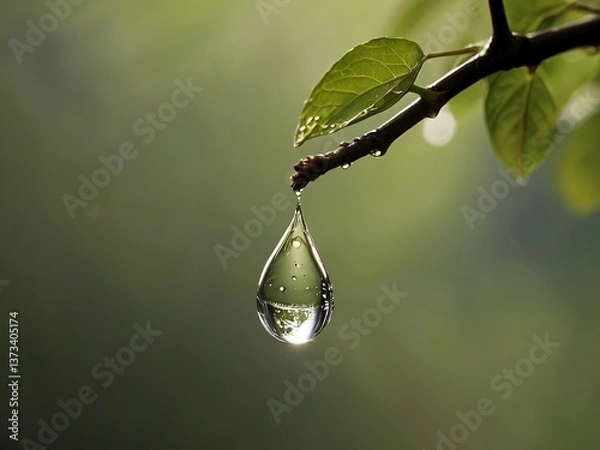 Fototapeta close up of a single water drop slowly falling from the tip of a tree branch with blurred green background