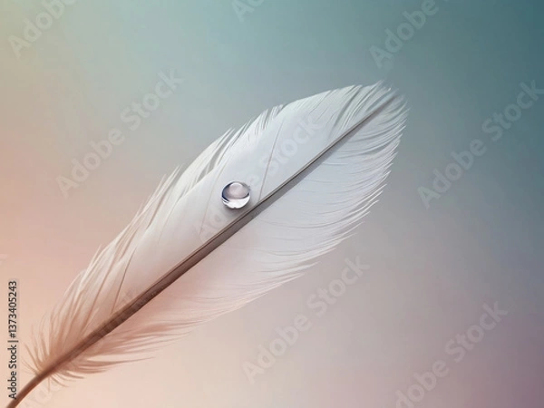 Fototapeta water drop balancing on the tip of a feather, white feather on pastel blurred background