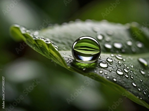 Fototapeta macro single drops of dew on a green leaf
