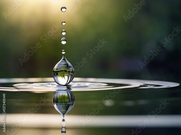 Fototapeta water drop falling into a surface, drops of water on surface, close up of a water drop on blurred background