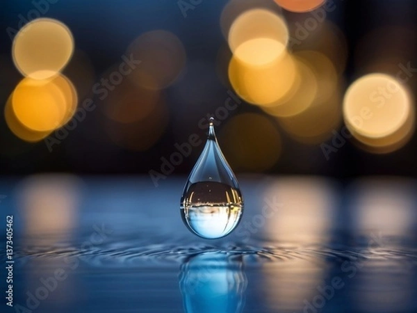Fototapeta water drop on a clear glass surface, with blurred and bokeh lights in the background