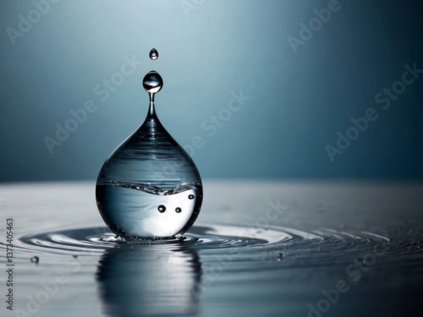 Fototapeta Drops of water before falling to the surface, close up of a water drop on blurred background 