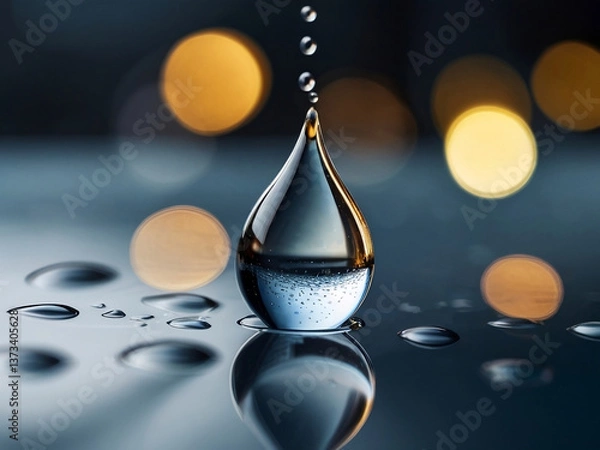 Fototapeta water drop with reflection Surface, dark background and bokeh lights