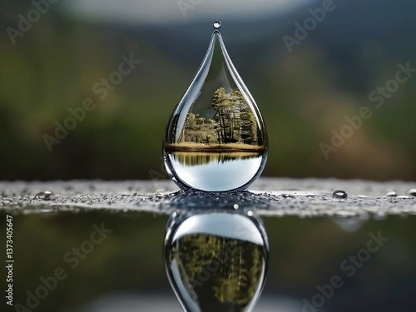Fototapeta water drop reflecting nature scene, water drop on a glass