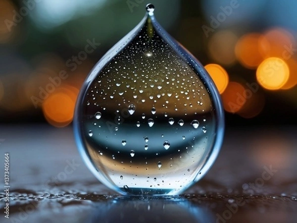 Fototapeta water drop on glass surface with soft bokeh lights, water drop surface