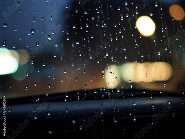 Fototapeta water drops clinging to a car window with blurred city lights in the background