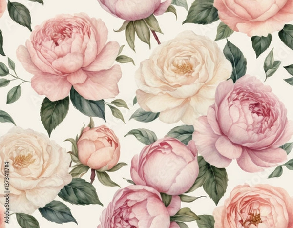 Fototapeta A delicate watercolor floral pattern featuring pastel roses and peonies, set against a soft cream background, evoking a romantic and vintage aesthetic