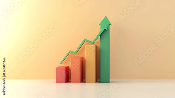 Obraz A digital financial growth illustration with a bold green arrow moving upward over a rising bar chart, representing positive market trends and success.