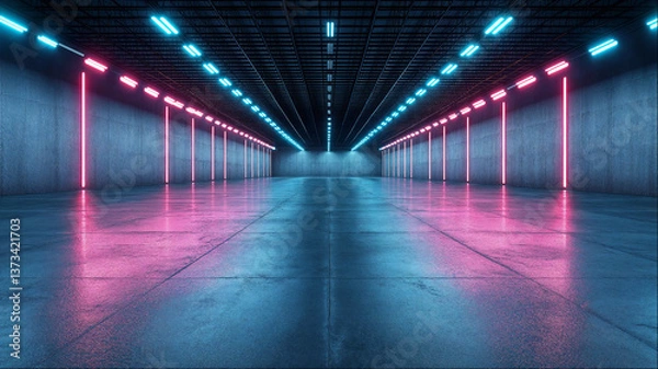 Obraz Futuristic corridor with glowing red neon lighting elements creating symmetrical perspective, reflective floor with cyberpunk installation design