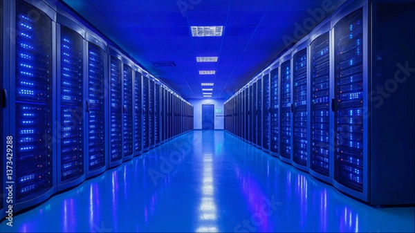 Obraz Blue illuminated server datacenter corridor with rows of network computing hardware, digital technology infrastructure