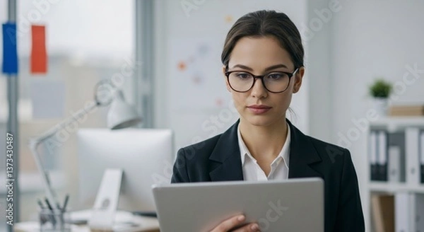 Fototapeta A loyal woman dedicated to office work with tireless efforts and unwavering devotion. Generative AI