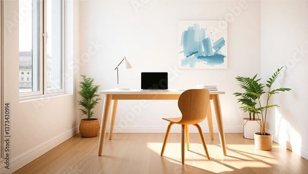 Fototapeta Contemporary desk setup with a high-performance laptop and neat stationery in a bright and inviting office environment