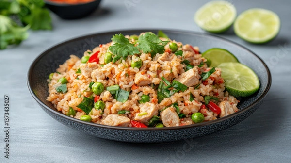 Obraz vibrant plate of Thai style fried rice featuring chicken, peas, and fresh herbs, garnished with
