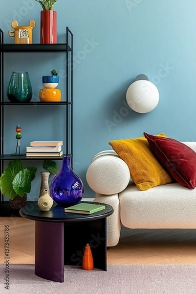 Fototapeta Stylish interior of colorful living room with design white sofa, black shelf with vases, book and personal accessories. Modern home decor. Template.