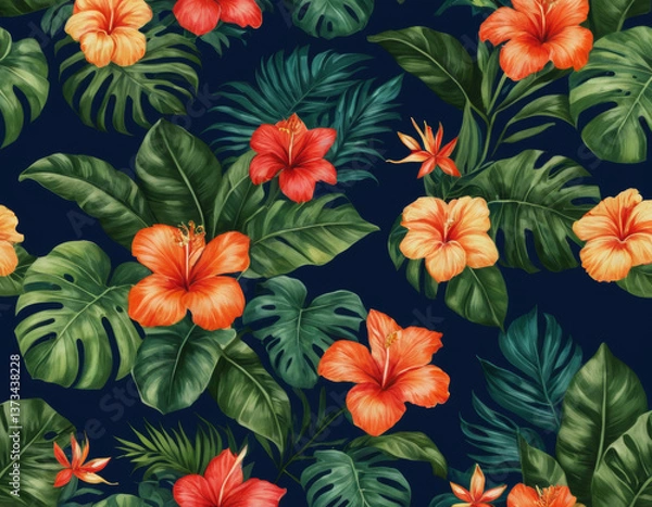 Fototapeta A bold, modern botanical design with vibrant tropical flowers and lush green leaves on a deep navy background, creating an elegant and luxurious feel.