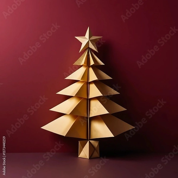 Fototapeta A minimalist and modern Christmas tree made of layered, folded paper with a geometric design, set against a dark red gradient background