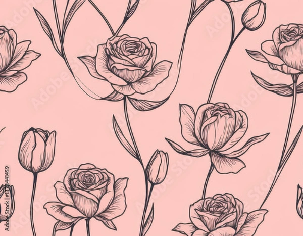 Fototapeta A minimalist line-art floral pattern showcasing delicate roses and tulips, drawn in fine black ink on a soft pastel pink background, perfect for elegant fabric or wallpaper
