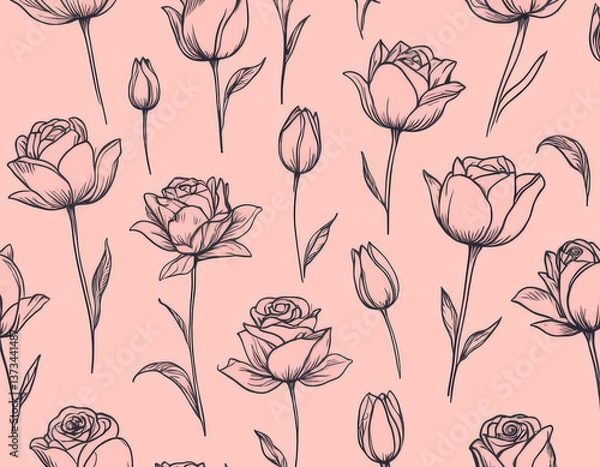 Fototapeta A minimalist line-art floral pattern showcasing delicate roses and tulips, drawn in fine black ink on a soft pastel pink background, perfect for elegant fabric or wallpaper