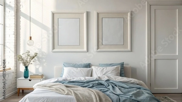 Obraz Cozy bedroom with natural light, soft linens, and stylish decor, creating a peaceful and inviting atmosphere. Copy space, commercial use
