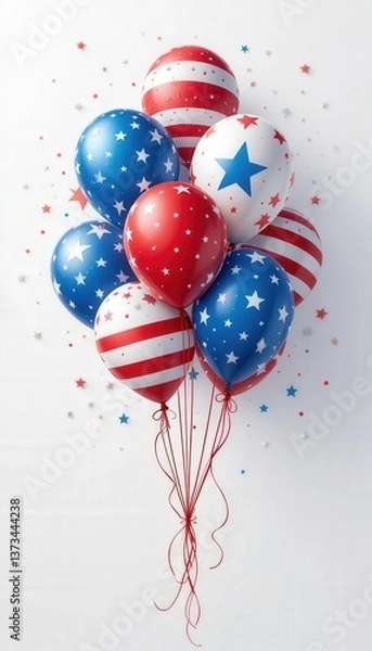 Fototapeta festive red, white, and blue balloons for USA Independence Day 4th July celebration on clean white background, patriotic party decor with stars and stripes