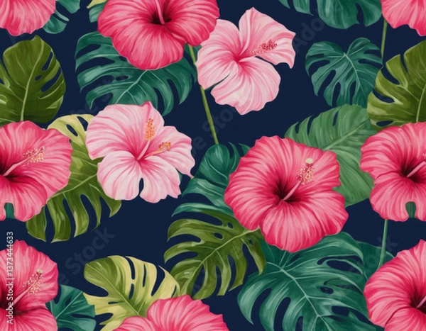 Fototapeta A modern tropical floral pattern with bold hibiscus and monstera leaves, designed in a vibrant color palette of pinks and greens, set against a deep navy background.