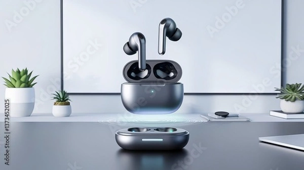 Fototapeta A sleek pair of wireless earbuds hovering above their charging case in a modern workspace, showcasing a minimalist aesthetic.