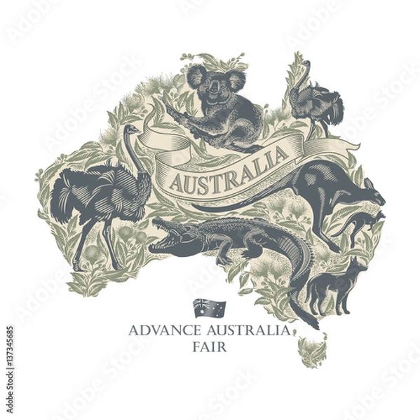 Obraz Животные Австралии на карте страны, иллюстрация, вектор