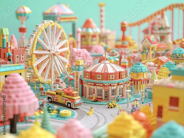 Fototapeta A colorful miniature amusement park built with blocks features a Ferris wheel and bright buildings.