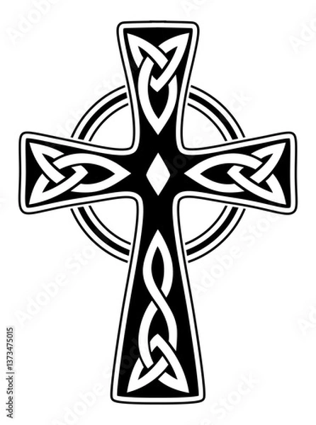 Obraz black and white tattoo. vector illustration. print. popular. viking cross scandinavian with patterns on white background