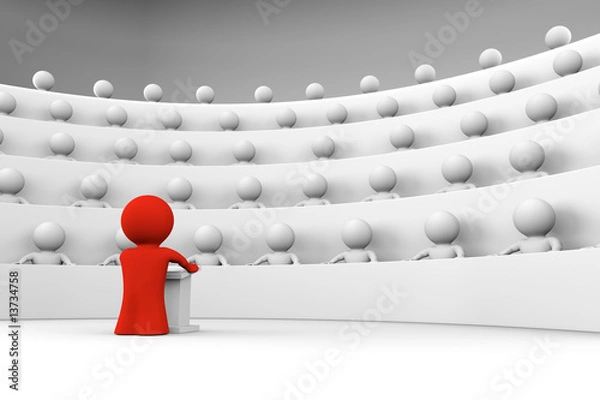 Fototapeta red man facing an audience of white characters; 3d rendering