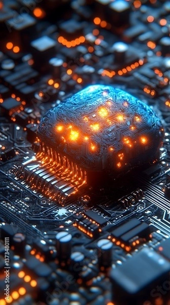 Fototapeta Circuit board, glowing chip, close-up view