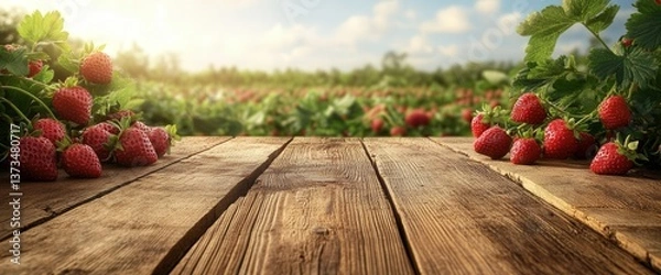 Fototapeta Fresh strawberries on a rustic wooden table overlooking a vast, sunny strawberry field.