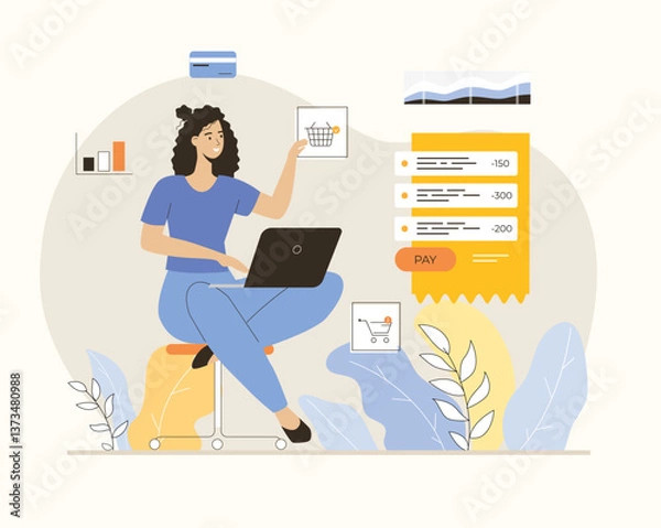 Fototapeta Virtual finance. Online banking. Woman making online shopping, ordering and paying of digital check. Flat vector illustration.