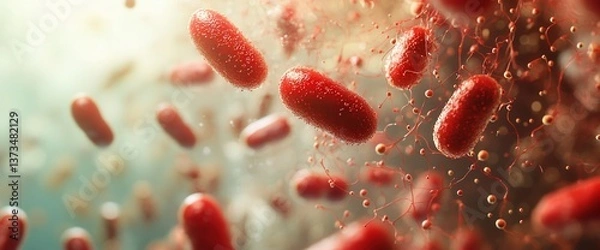 Fototapeta Close-up of red bacteria in a microscopic view with intricate details and soft lighting.