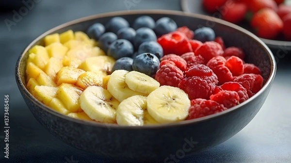Fototapeta A vibrant and healthy fruit salad in a dark bowl features sliced mangoes, bananas, blueberries and raspberries.