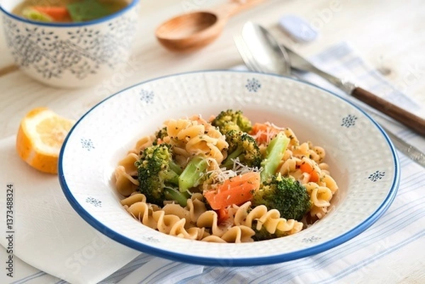 Fototapeta Pasta with broccoli and carrot cooked in stock