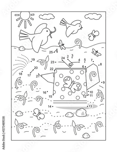Fototapeta Watering can dot-to-dot activity sheet and coloring page with young sprouts, birds, moth, butterflies
