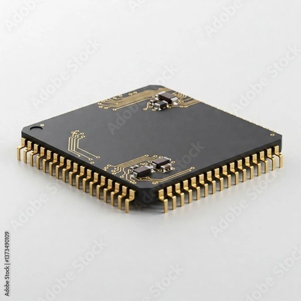 Fototapeta gold pinned black microchip on white background  close up 3d rendering.