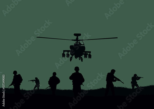 Fototapeta Illustration, the soldiers going to attack and helicopters.