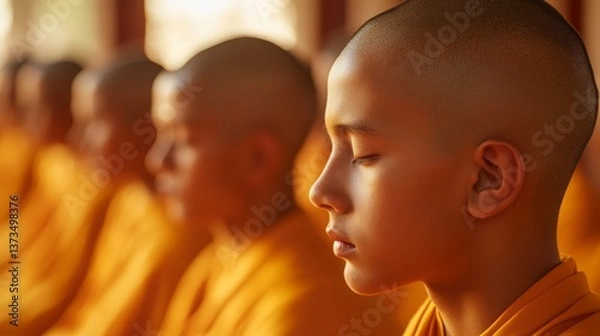 Fototapeta Buddhist monks in a row at a temple in the morning