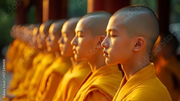 Fototapeta Buddhist monks in a row in the temple