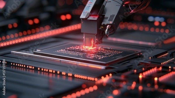 Obraz Futuristic Factory  Robotic Arm Assembling Circuit Board